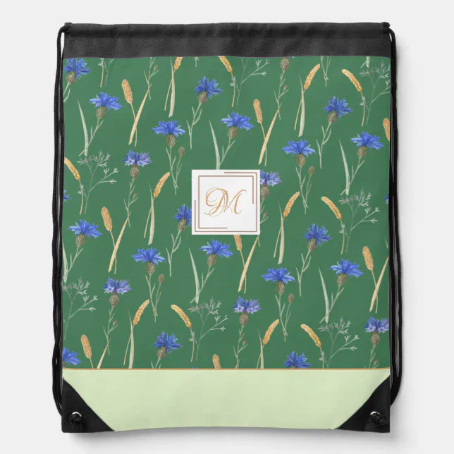 Green Floral Wildflower Customized Monogram Drawstring Bag