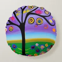 Pretty Whimsical Tree Folk Art Ai  Generated Art Round Pillow