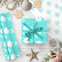 Coastal Christmas Starfish Sand Dollar Aqua  Wrapping Paper