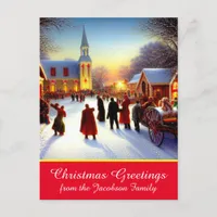 Nostalgic Village Churchgoers Christmas Greetings Holiday Postcard