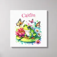 Personalized Frog, Flowers and Butterflies Canvas Print