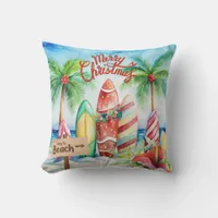 Merry Christmas Surfbards on the Beach Throw Pillow