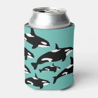 Orca Killer Whales Pattern Black and White on Blue Can Cooler