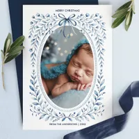 Blue Bow Watercolor Floral Oval Photo Christmas Holiday Card