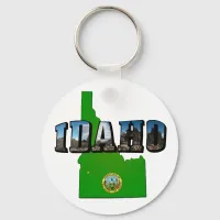 Idaho Map, Seal and Picture Text Keychain
