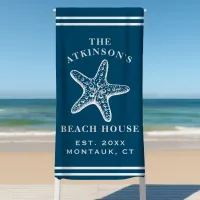 Coastal Starfish Beach House Family Name Navy Beach Towel