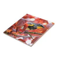 Yellow-Rumped Warbler in Red Leaf Tree Ceramic Tile