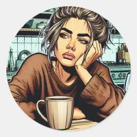 Tired Lady with Coffee | Comic Book Pop Art Classic Round Sticker