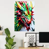 Fire breathing dragon red, green, and yellow scale poster