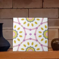 Pink White & Yellow Moroccan Pattern With Diamonds Ceramic Tile