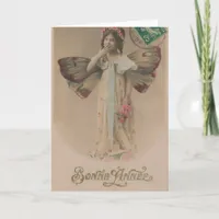 French Happy New Year Fairy Girl Vintage Holiday Card