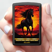 Black horse gallops at sunset zippo lighter