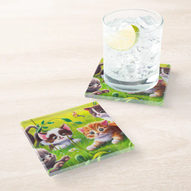 Whimsical Cats Playing in the Grass Glass Coaster
