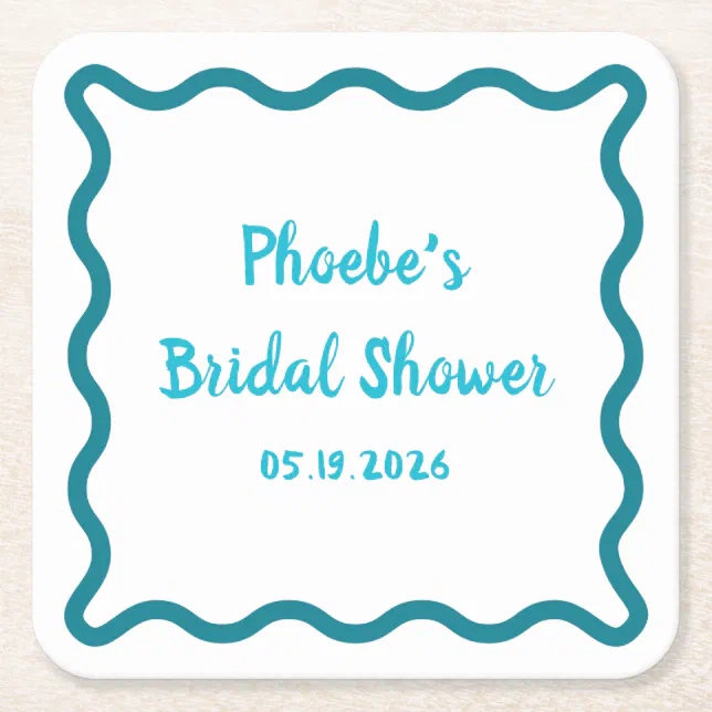 Handwritten Whimsical Wavy Border Bridal Shower Square Paper Coaster