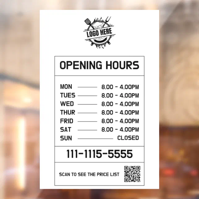 White Business Opening Hours Logo And QR Code Window Cling