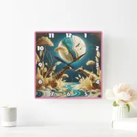 Giraffes by a moonlit river square wall clock