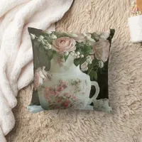 Pretty Pink Roses in Vintage Antique China Teapot Throw Pillow