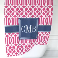 Hot Pink and Navy Moroccan Trellis Monogram Shower Curtain