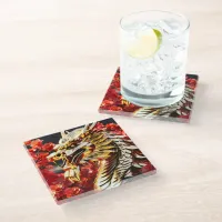 Fire breathing dragon gold head glass coaster