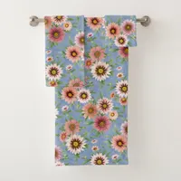 Pink Daisy Floral on Blue Bath Towel Set