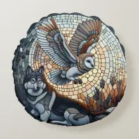 Owl and Wolf Mosaic Nature Ai Art   Round Pillow