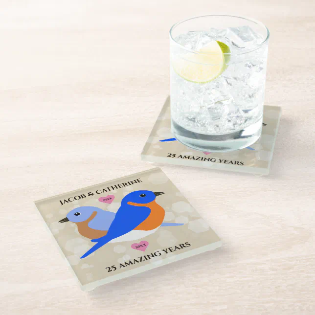 Bluebirds Lovebirds Any Anniversary Year Glass Coaster