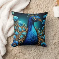 Vibrant Peacock Surrounded by Colorful Flowers Throw Pillow