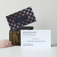 Rose Gold And Navy Paw Print Pattern | Pet Groomer Business Card