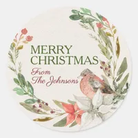 Custom Name Merry Christmas Watercolor Bird Wreath Classic Round Sticker