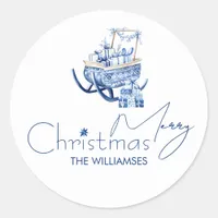 Minimalist Hygge Blue Christmas Santa Sleigh Classic Round Sticker