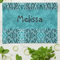 Chic animal print in blue - feathers and glitter  kitchen towel