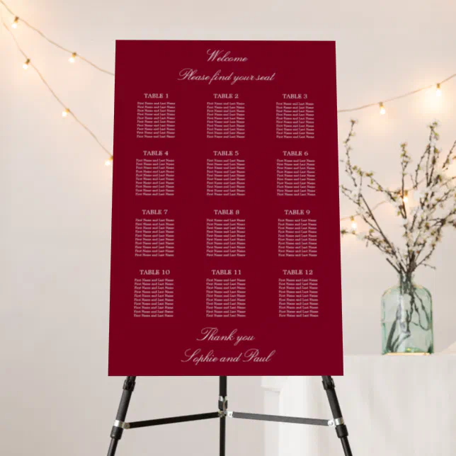 Burgundy  12 Table Wedding Seating Chart Foam Board