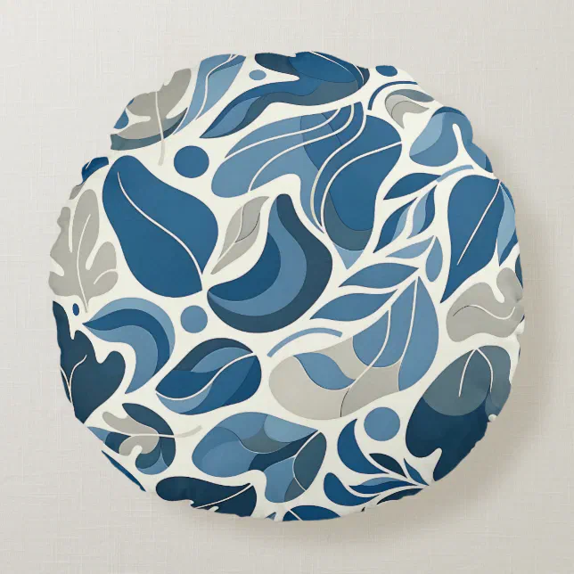 Cool Blue Abstract Wavy Shapes Pattern Round Pillow