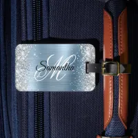 Silver Glitter Light Blue Foil Fancy Monogram Luggage Tag