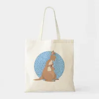 Kangaroo Mommy and Baby Joey on Blue Pattern Tote Bag