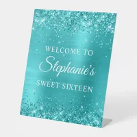 Glitter Turquoise Blue Foil Sweet Sixteen Welcome Pedestal Sign