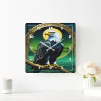 Eagle Perched on Branch Under Moonlit Sky Square Wall Clock