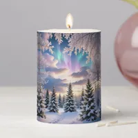 Snowy winter forest, ice crystals, northern lights pillar candle