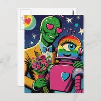 Alien and Robot in Love Retro Comic Postcard