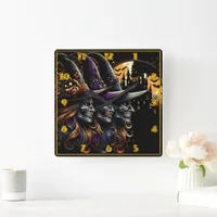 Three witches cast spells on Halloween night Square Wall Clock