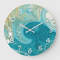 Ocean Blue Waves and Sandy Brown Fluid Art    Large Clock