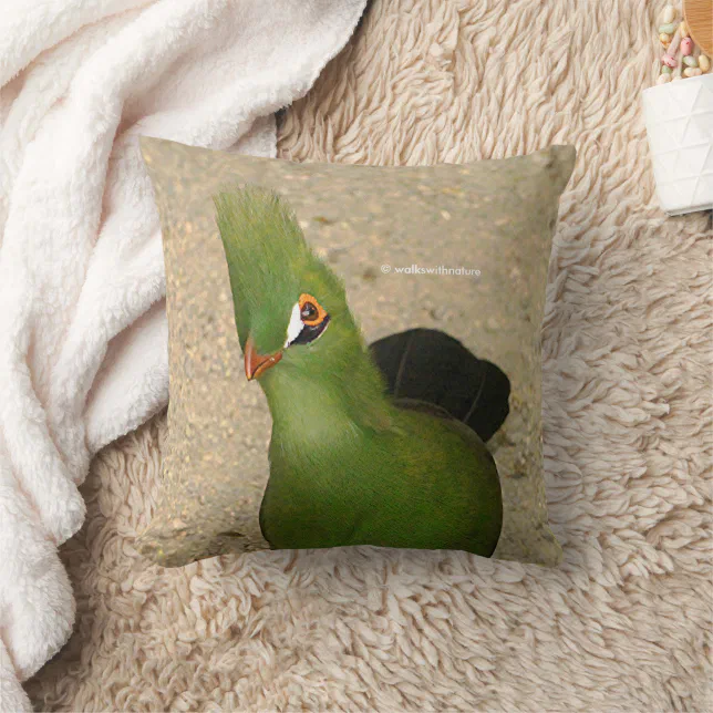 Funny Curious Guinea Turaco Green Bird Throw Pillow