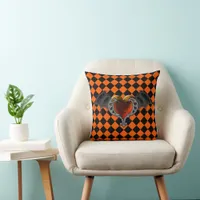 Halloween Goth Orange Heart & Bat Wings Pillow