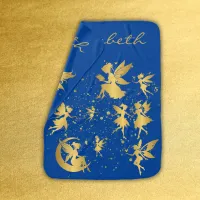 Gold Fairies with Pixie Dust on Blue Monogram | Baby Blanket