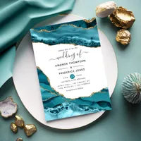 Teal and Gold Agate Wedding Invitation