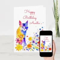 Watercolor Cat and Flowers Personalized Birthday Card