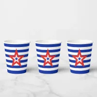 Modern Tri-Colored Star on Blue/White Striped Paper Cups