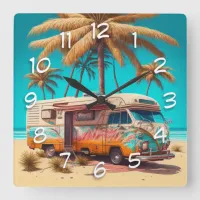 Retro RV and Palm Trees Square Wall Clock