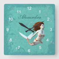 Pretty Koi Mermaid Swimming Underwater Square Wall Clock