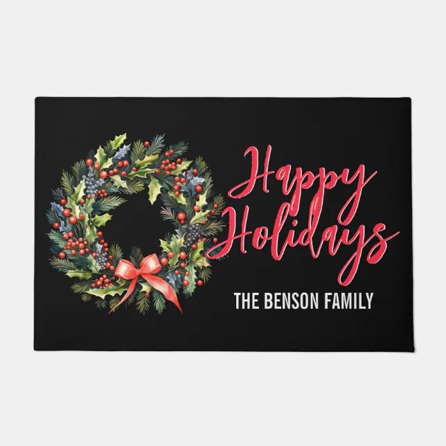 Christmas Happy Holidays Wreath Family Name Doormat
